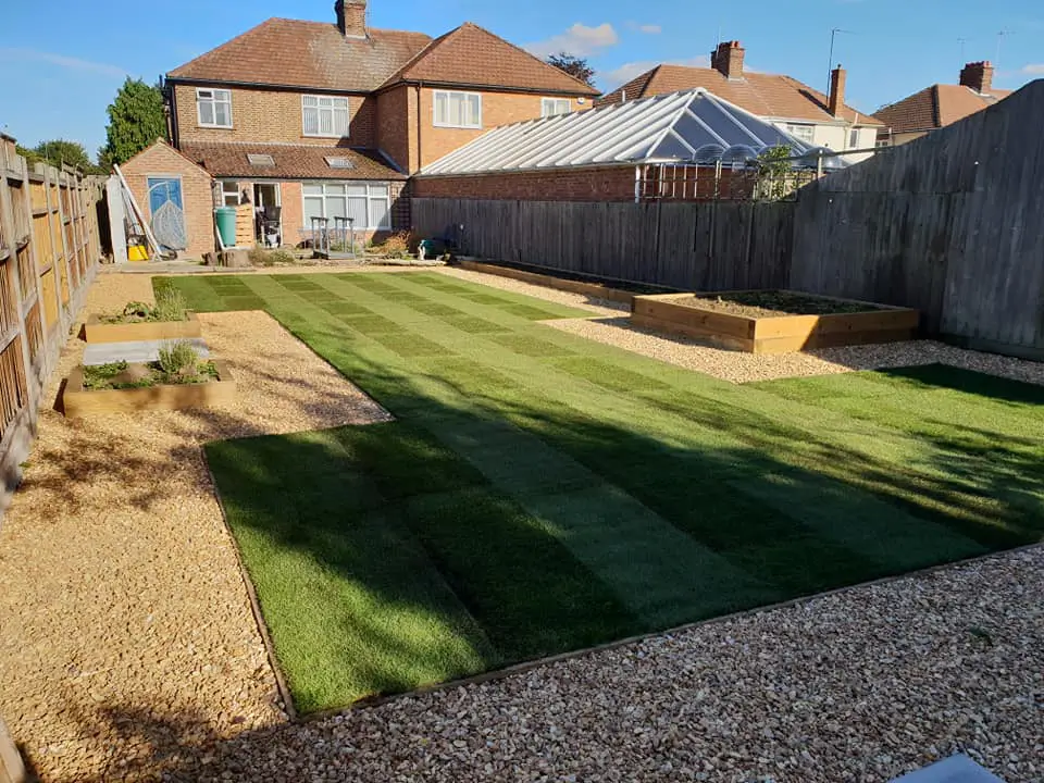 Lush green lawn with raised flower beds and gravel pathways in a modern backyard garden.